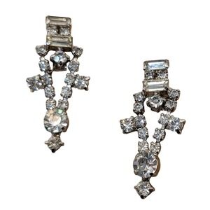 Vintage Kramer Rhinestone Earrings Clip On Clear Dangle Statement Pronged